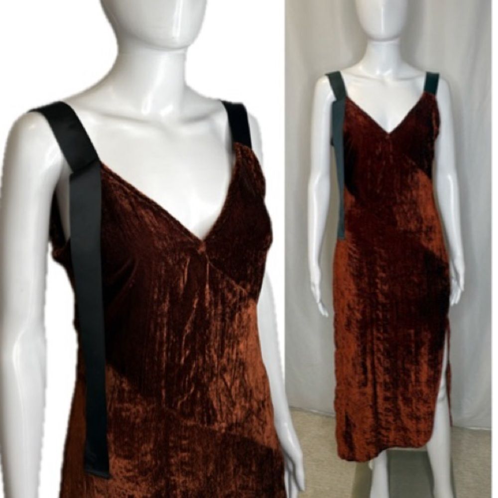 ASOS Crushed Velvet Midi Slipdress Size 2 XS Ribbon Strap High Slit Dress Vamp